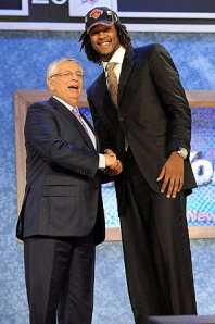 Jordan Hill, picked 8th by the Knicks, shaking NBA commisioner David Stern's hand. (Dave Bergman/SI)